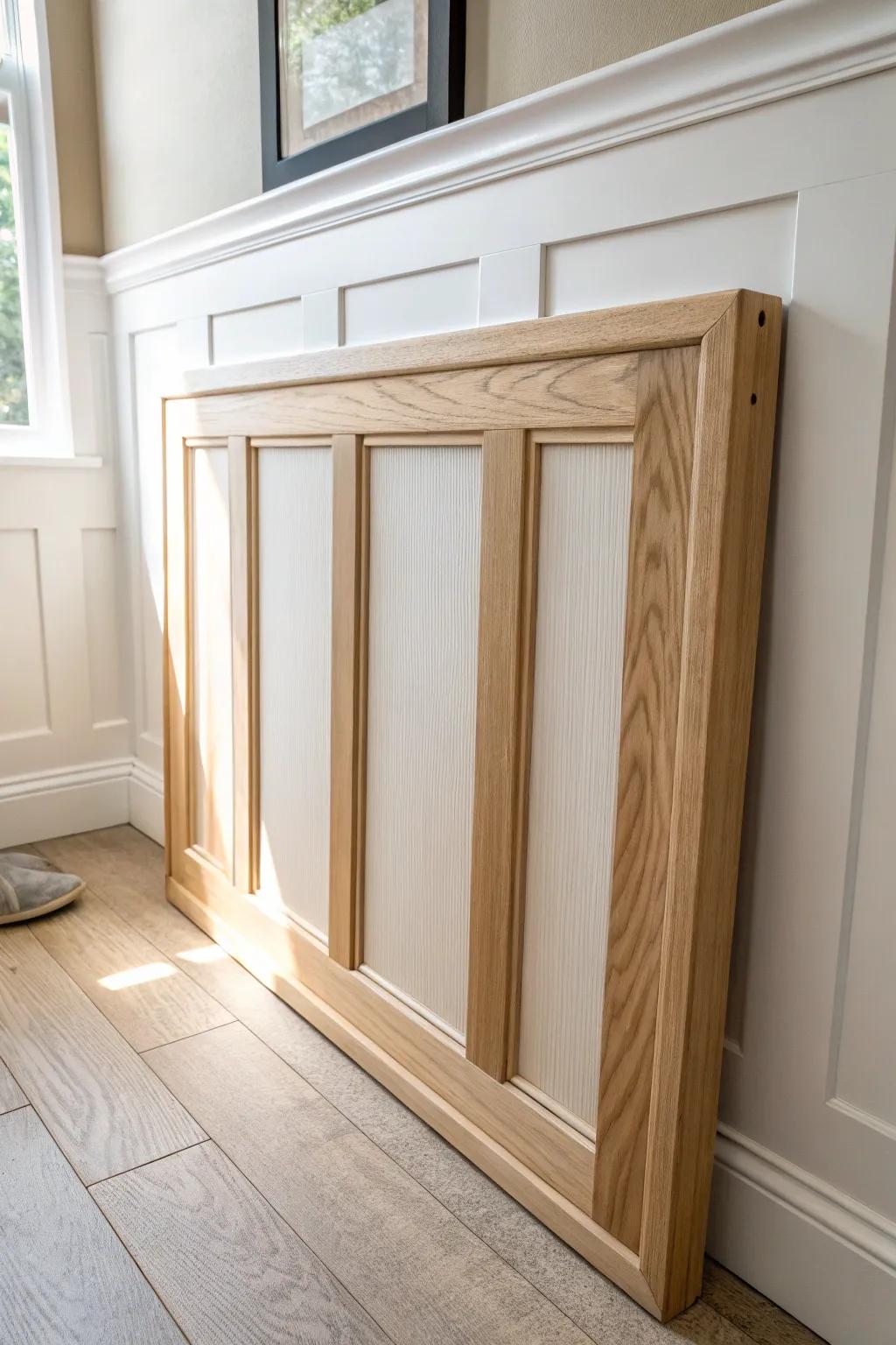 Classic picture-frame box panels add old-house charm—clean lines, warm oak, and soft contrast.
