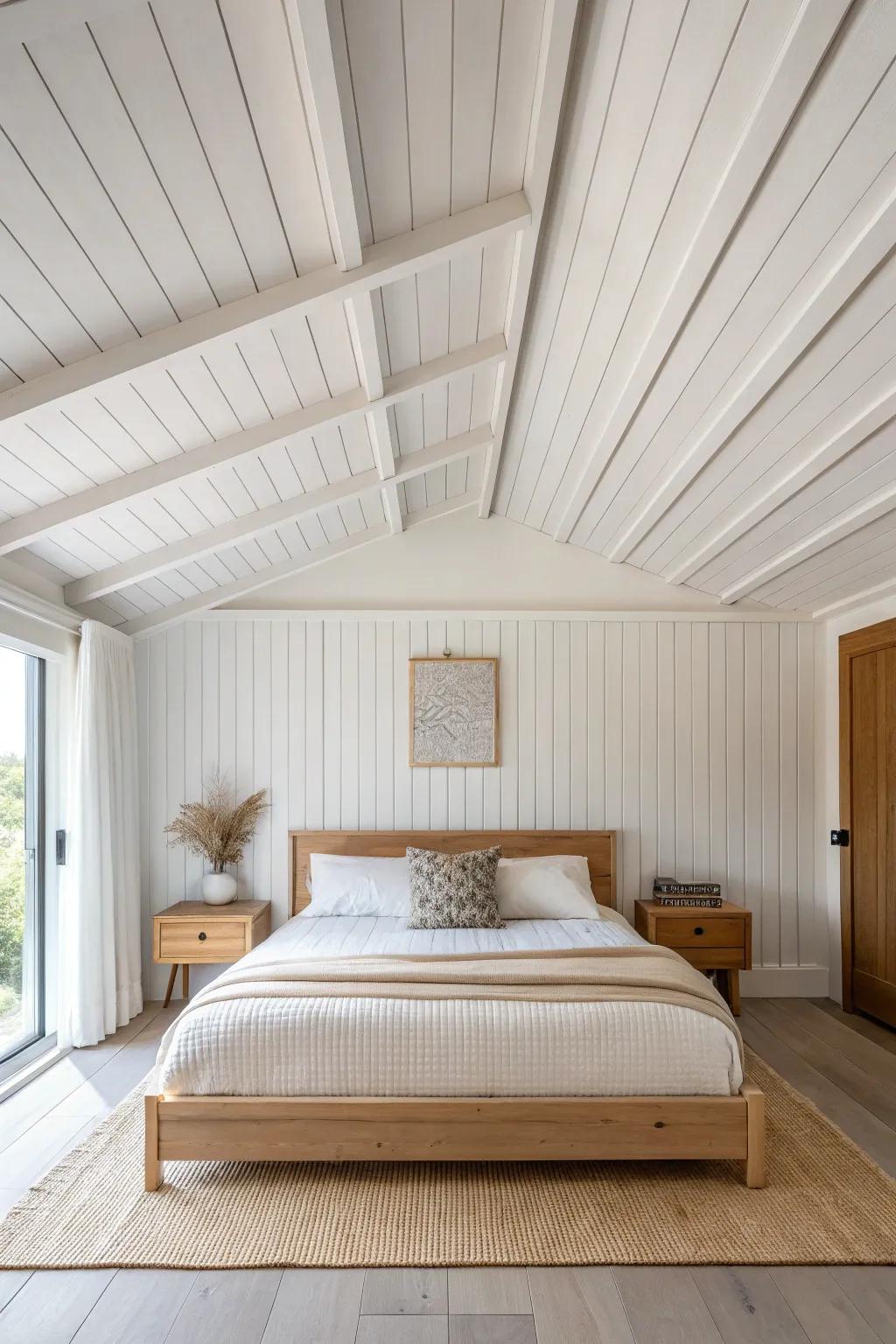 A ceiling grid perfectly centered over the bed—an instant balance trick for a calm bedroom.