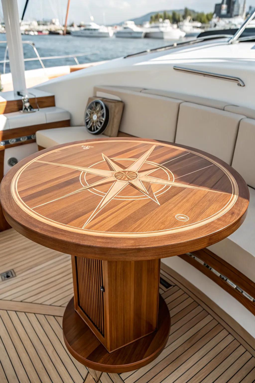 Clean teak boat table with a centered compass rose inlay—nautical, minimal, and truly custom.