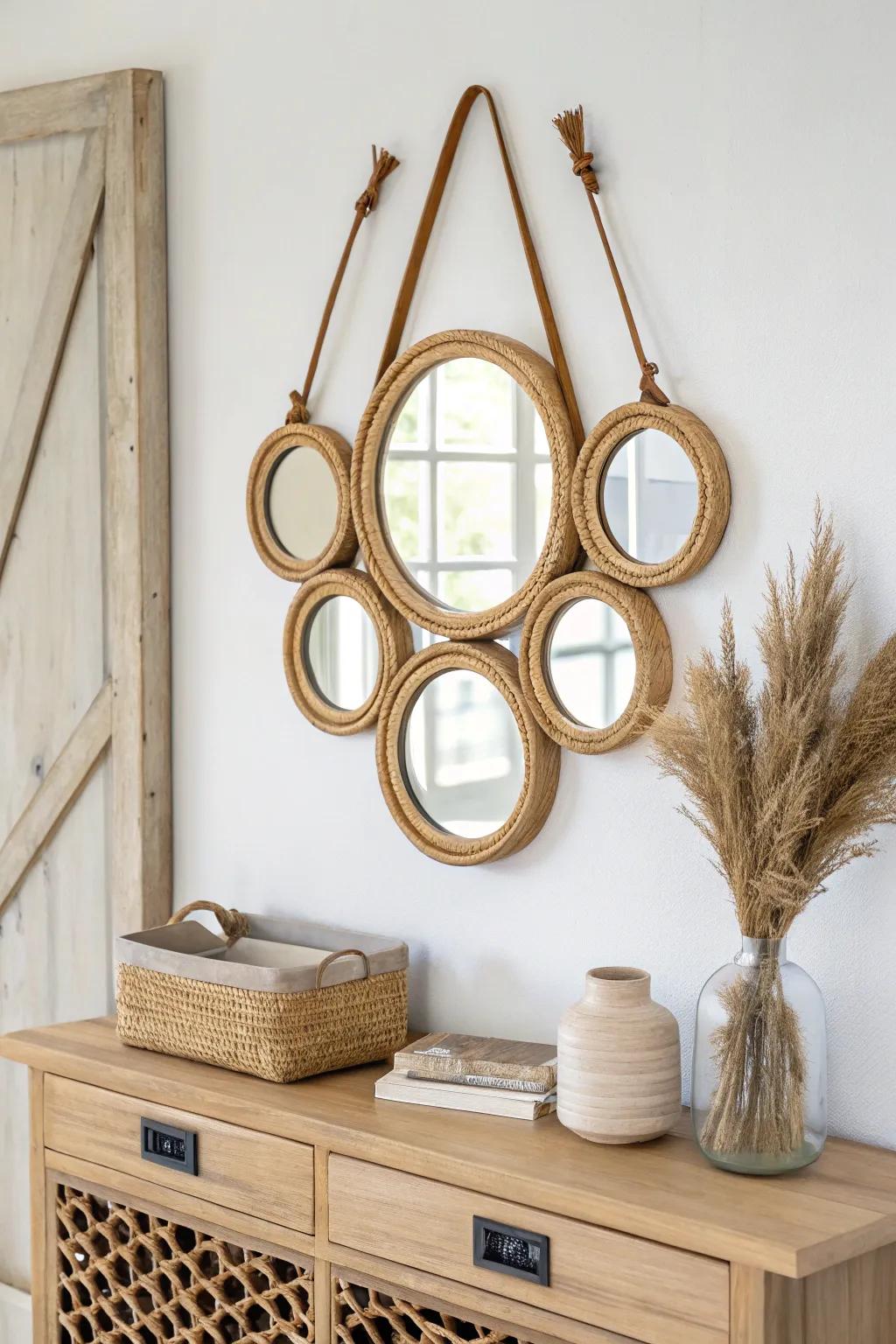 Curated round mirrors with leather straps for a light-bouncing boho accent wall moment.
