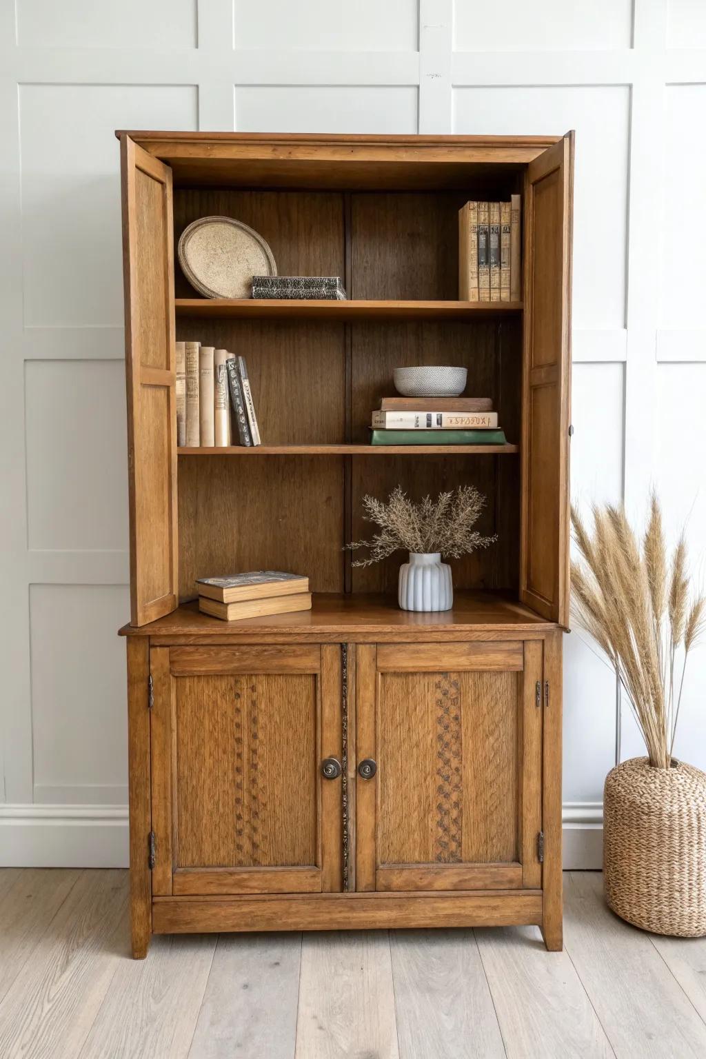 Upcycled cabinet turned bookcase—warm wax finish, original dings, and effortless boho charm.
