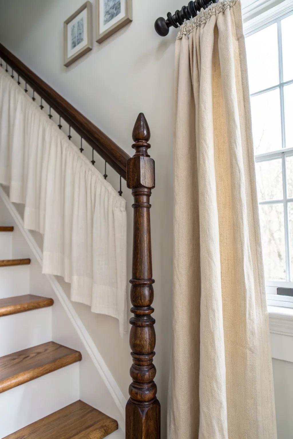 Salvaged stair spindle curtain rod: carved vintage detail meets airy Scandinavian-boho minimalism.