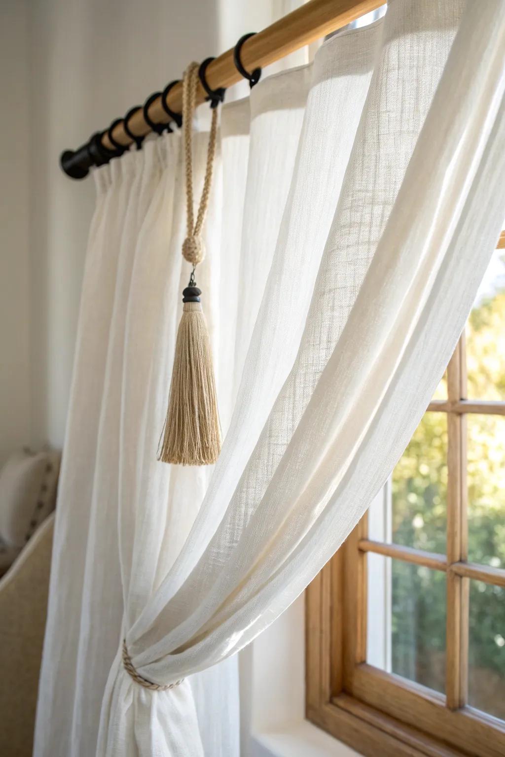 Sheer linen curtains glow in morning light, making warm wood tones feel richer and airier.