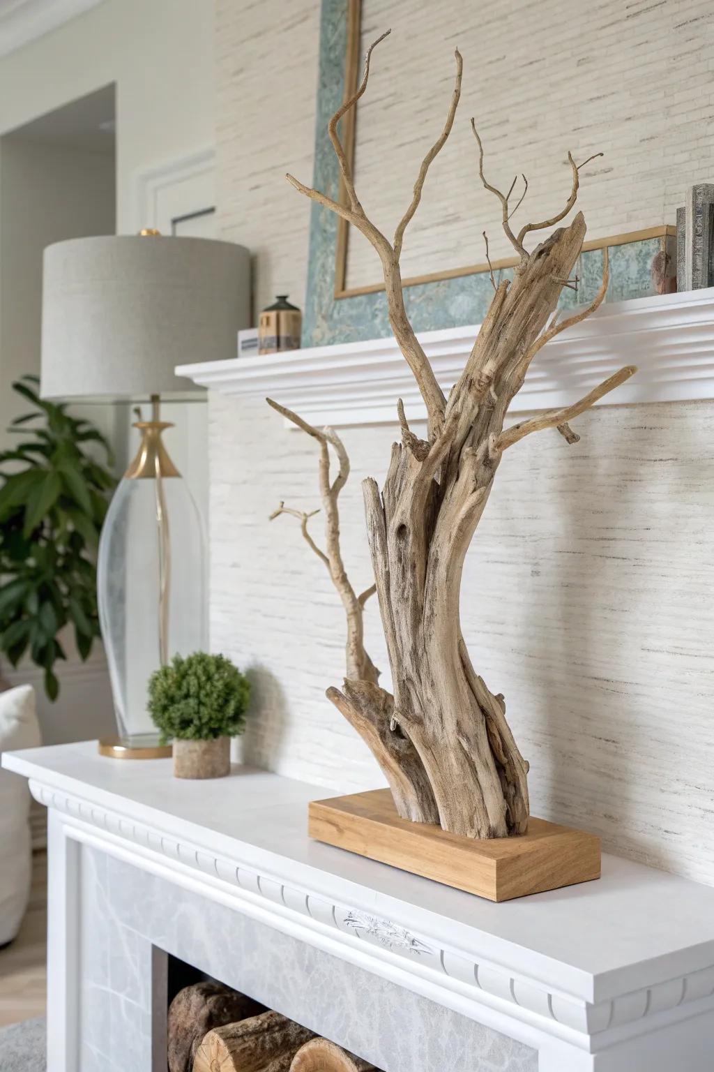 Sun-bleached driftwood sculpture for a minimalist boho mantel—natural texture, big impact.