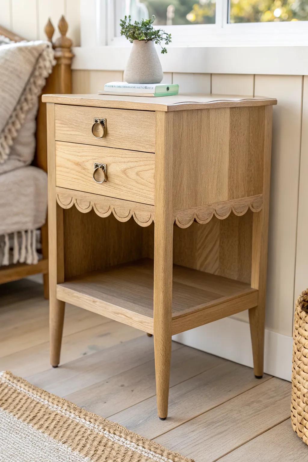 Sweet boho detail: a smooth scalloped apron gives this minimalist nightstand handmade charm.