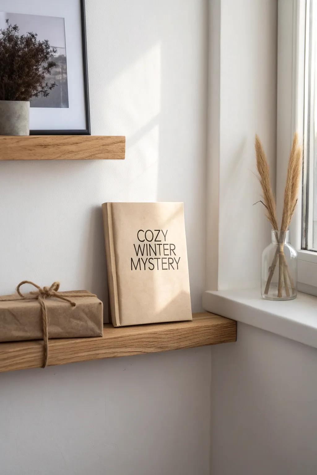 Blind-date book display: a wrapped surprise pick on a simple oak ledge with a handwritten hint.