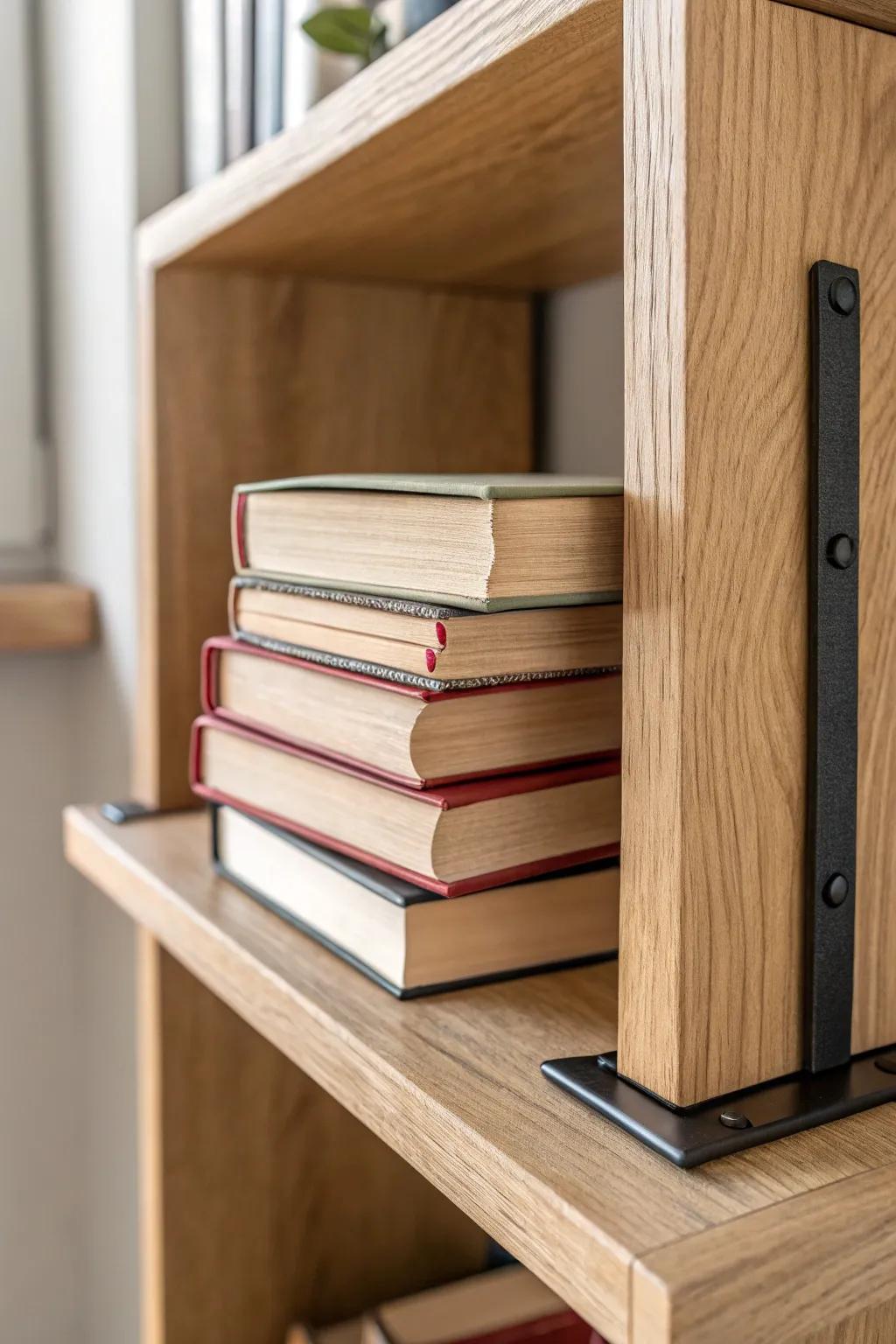 Hidden bracket bookends for a floating stack—minimal, warm wood tones, and pure shelf magic.