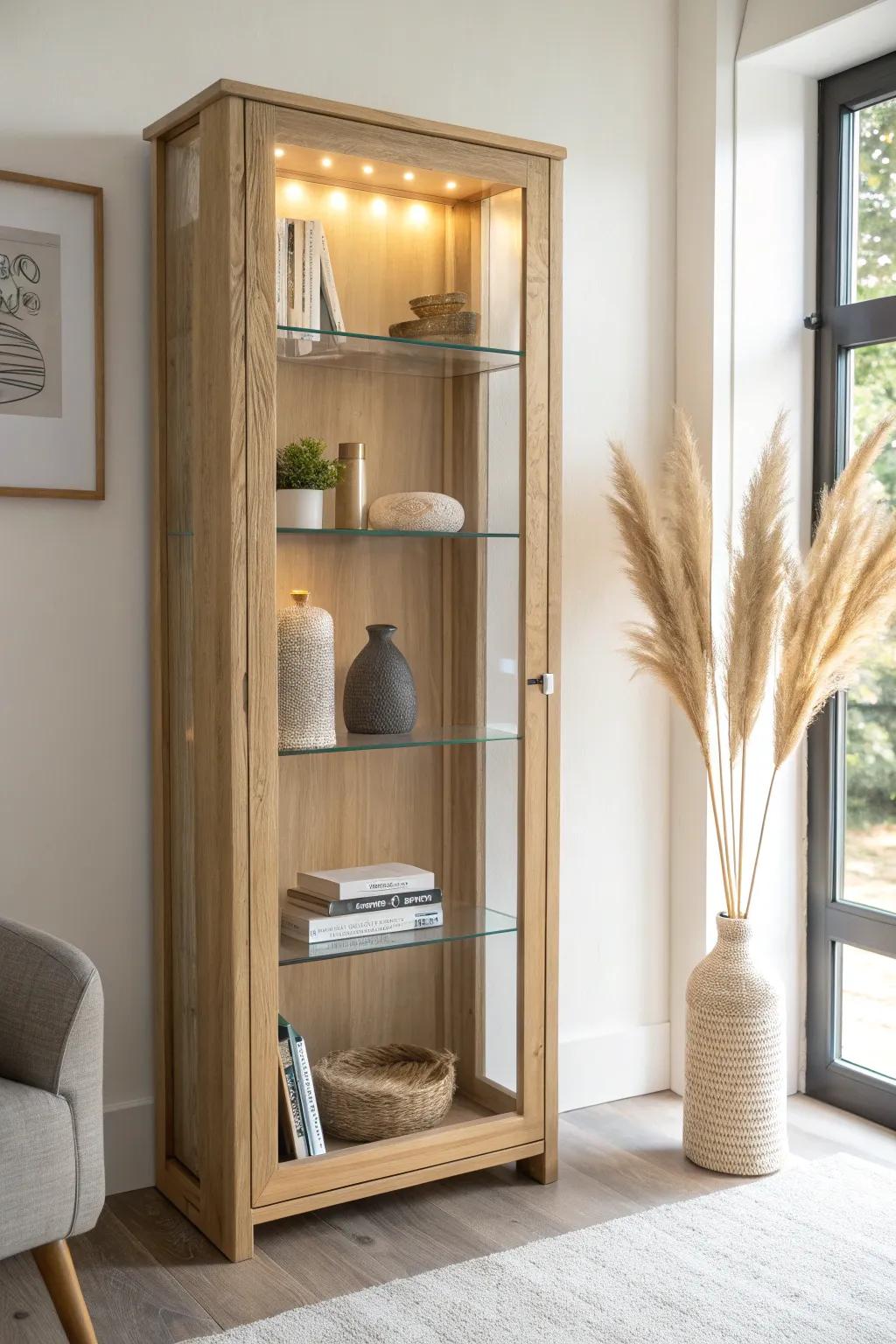 Warm LED light above glass shelves makes this oak bookcase feel airy, bright, and shadow-free.