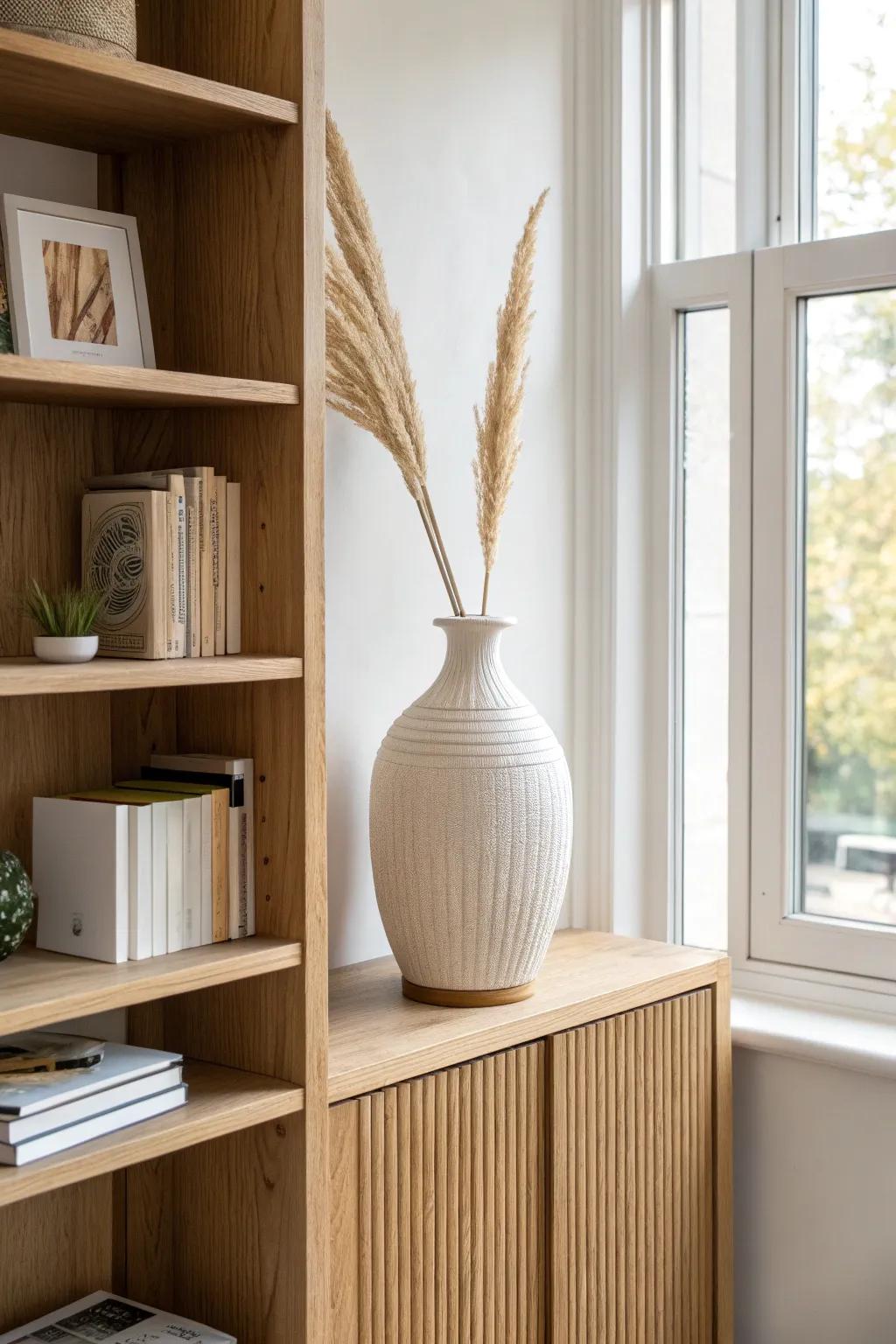 Style the top shelf like a mini stage—one tall statement piece adds effortless height.