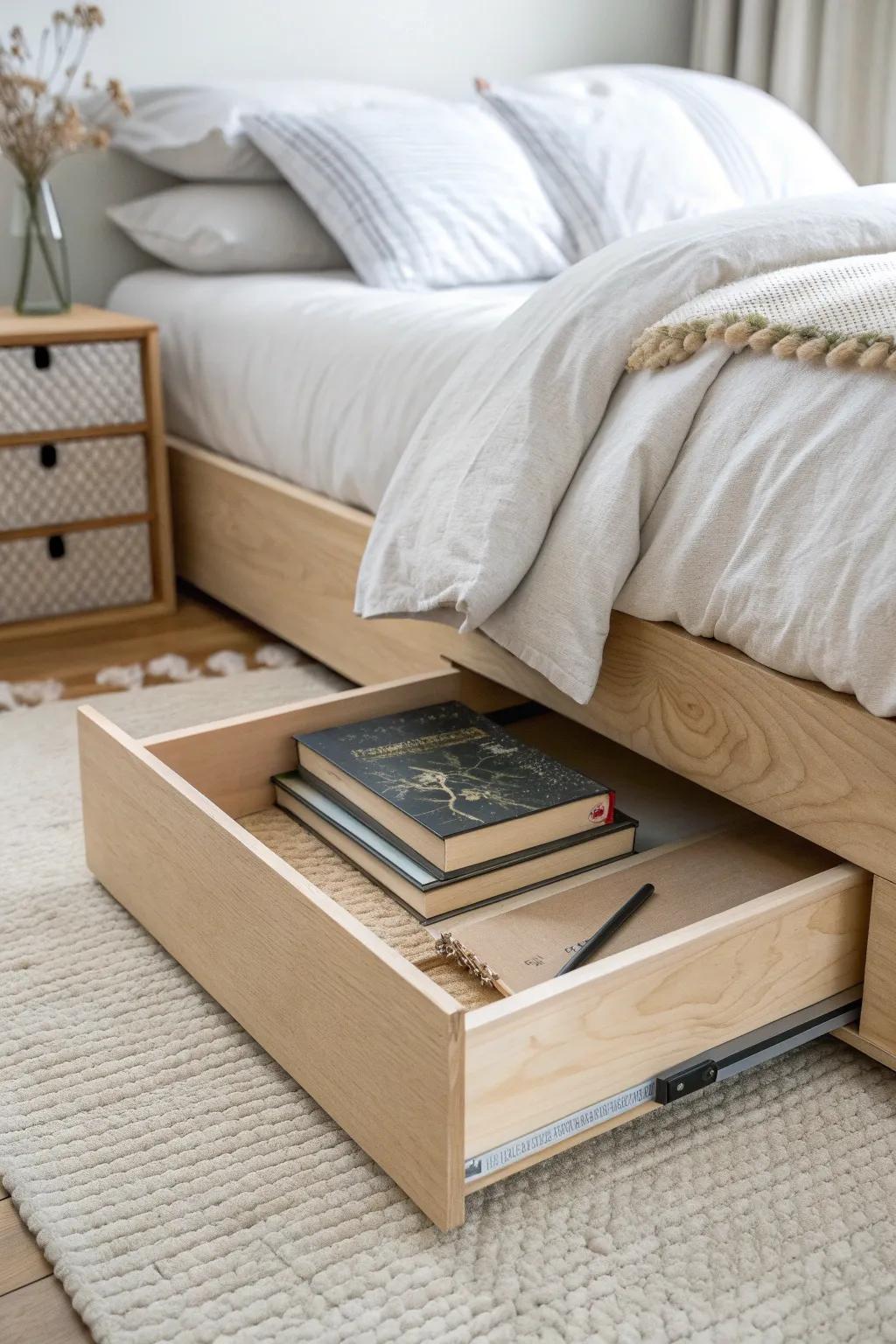 A sleek under-bed birch drawer on wooden runners—hidden book storage with Scandinavian calm.