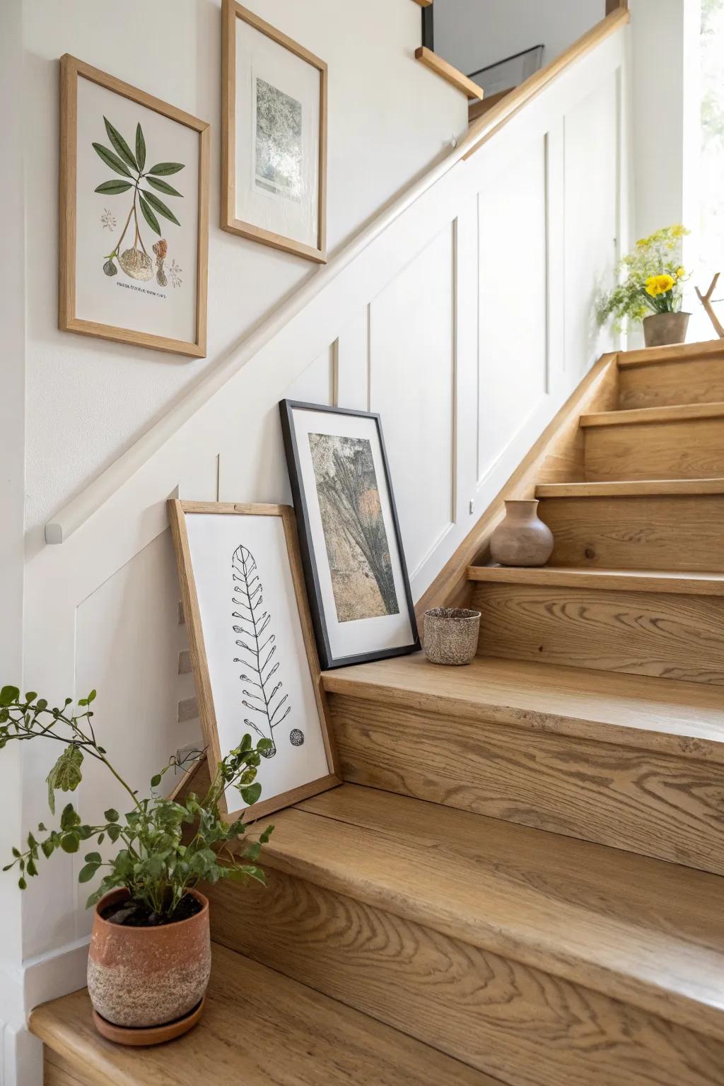 A slim wooden picture ledge at the stair base makes seasonal art swaps effortless and chic.