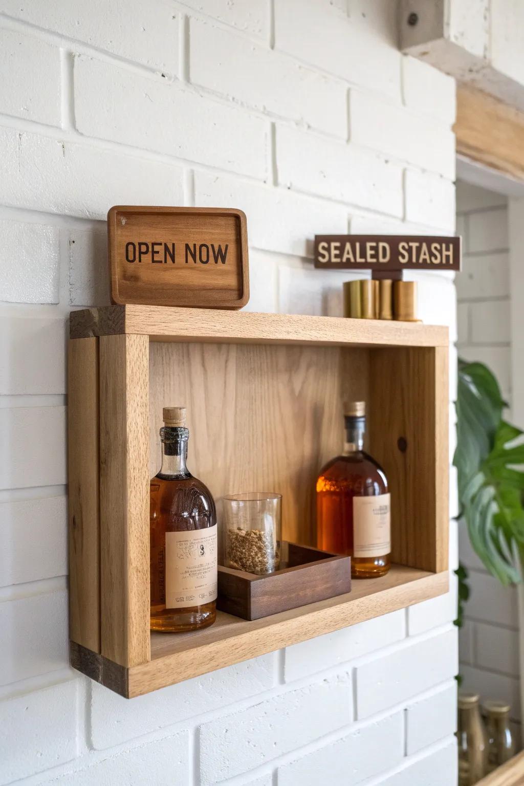 Minimalist oak bourbon shelf with “open now” and “sealed stash” zones—crafted, calm, and chic.