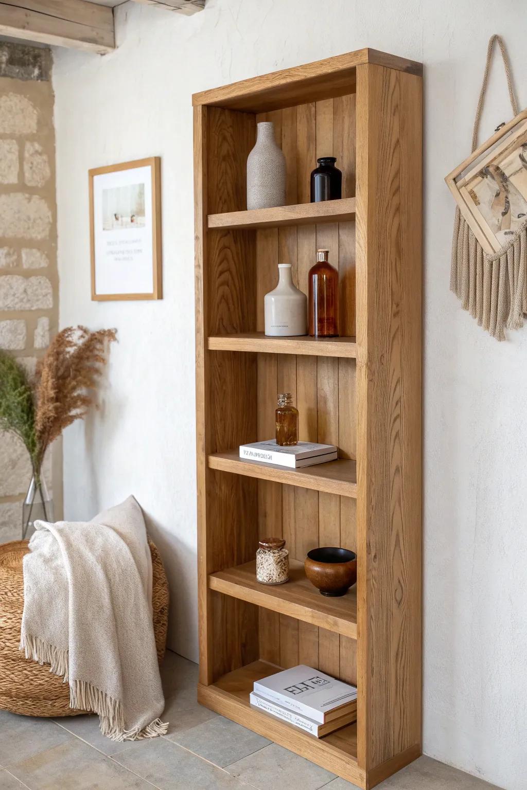 Mixed-depth shelves highlight your prettiest pieces in the golden eye-level zone—boutique calm at home.