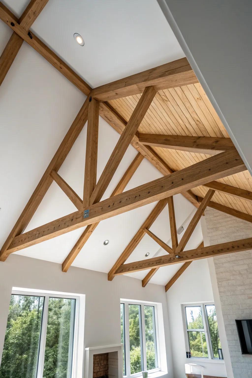 Vaulted box-beam truss lines that lift the room—lightweight, warm oak against crisp white.