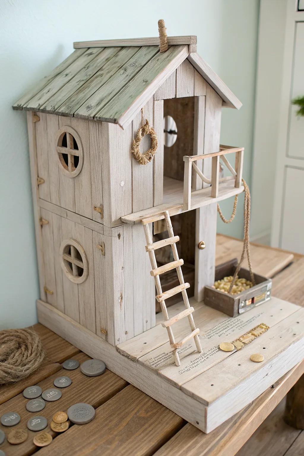 Sea-worn pirate cove dock dollhouse with rope ladder and a hidden treasure drawer.