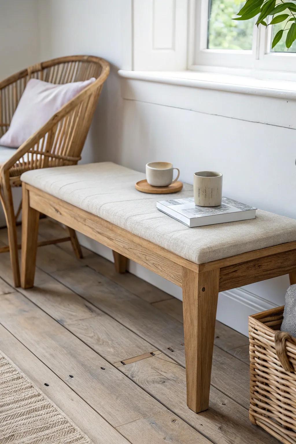 A reclaimed wood bench paired with a side chair look—flexible, warm, and communal.