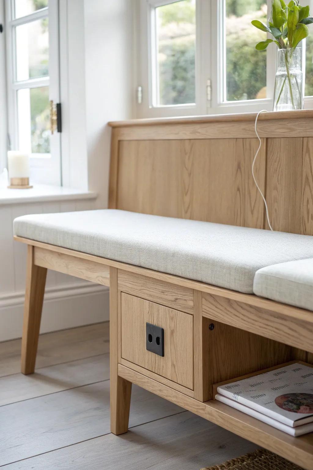 A sleek nook bench with a hidden charging nook—keep devices handy and the tabletop clear.