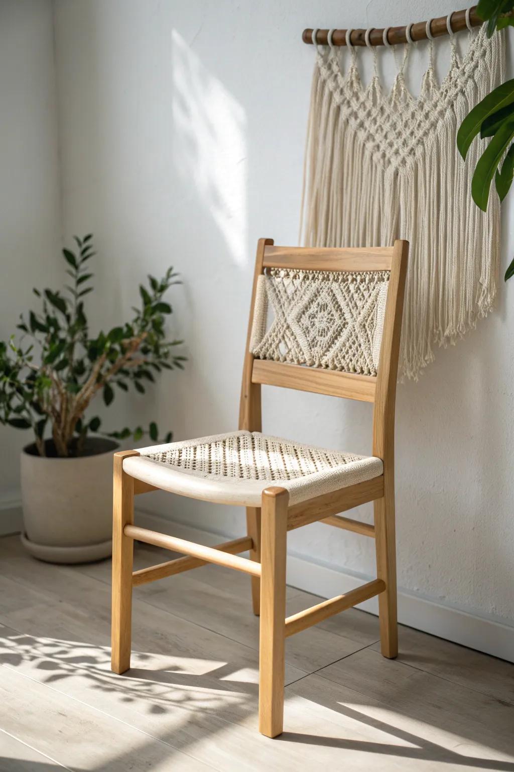 A simple oak chair becomes bridal-shower magic with a clipped-on macramé backdrop.