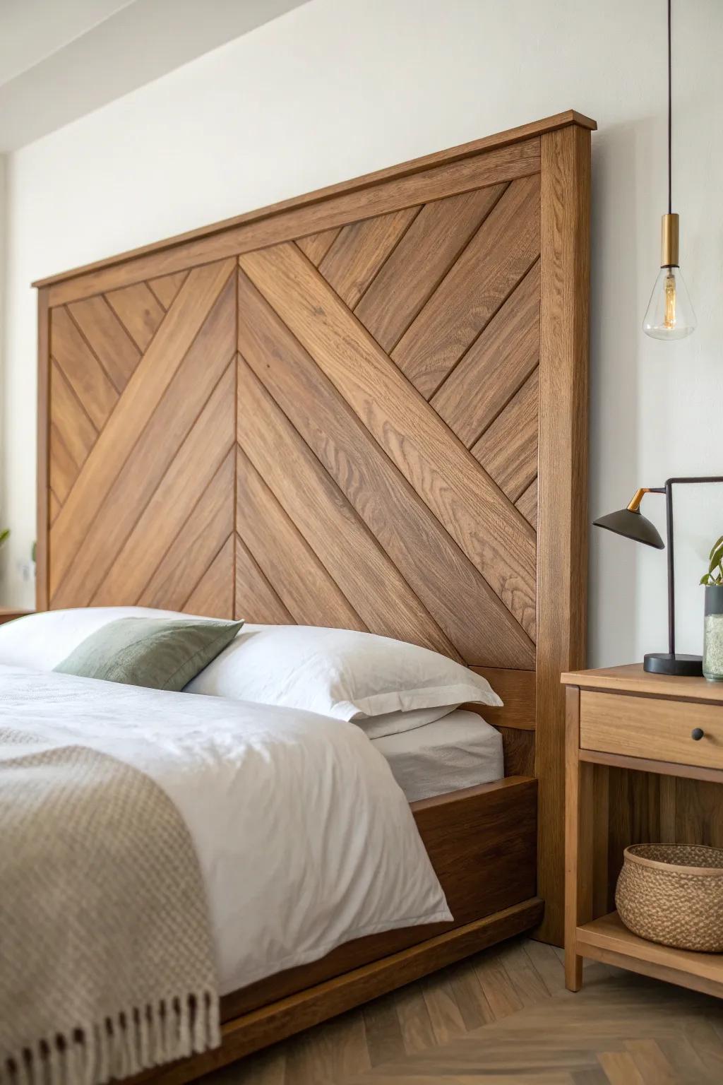 Warm brown chevron headboard—handcrafted texture and movement against soft cream bedding.