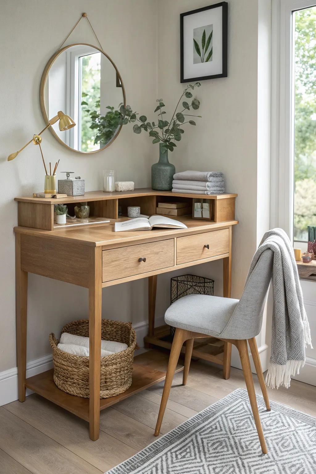 A built-in bedroom corner desk with vanity storage—warm wood, clean lines, calm mornings.