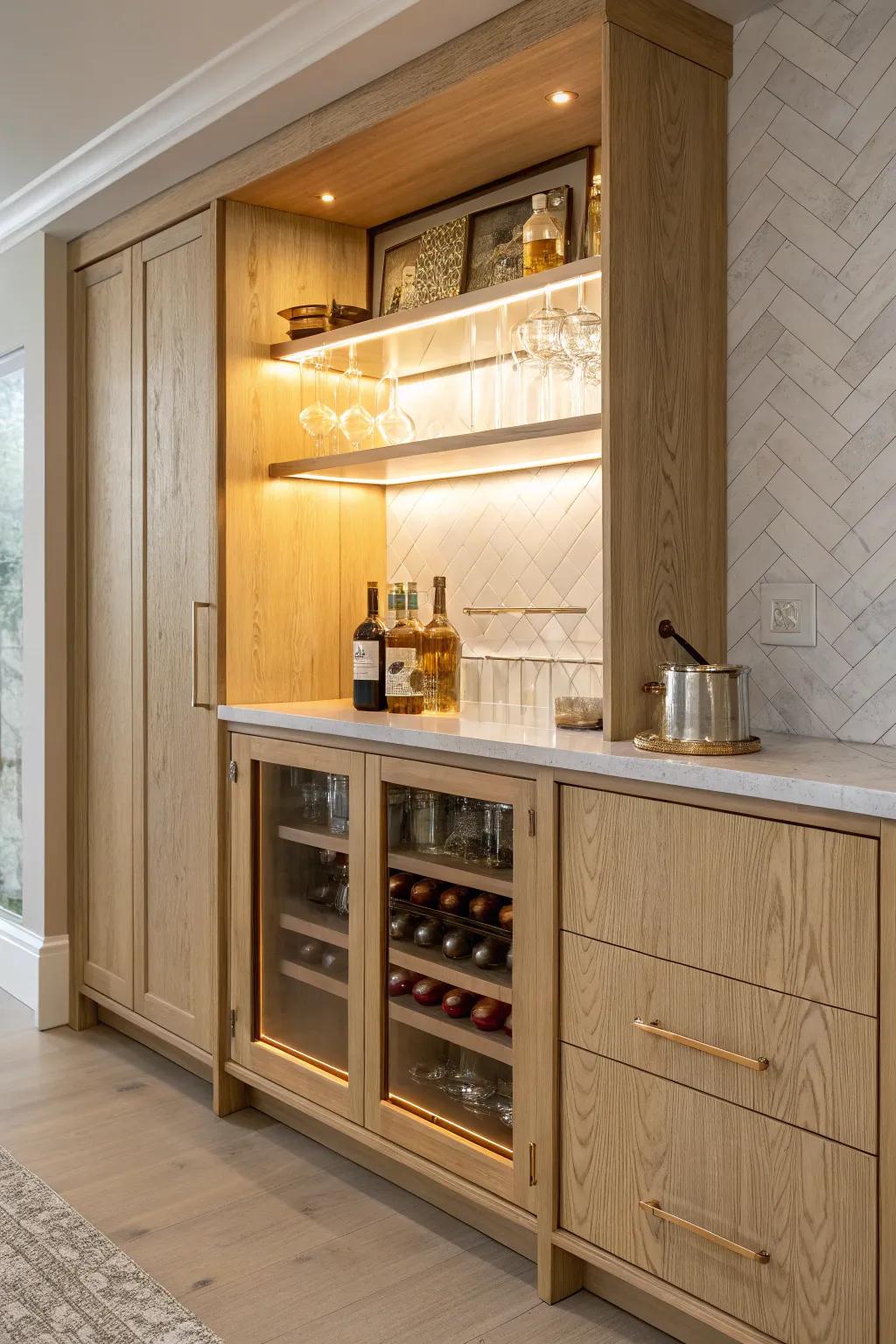 Warm under-shelf LED glow turns a built-in dry bar into a cozy, functional night nook.