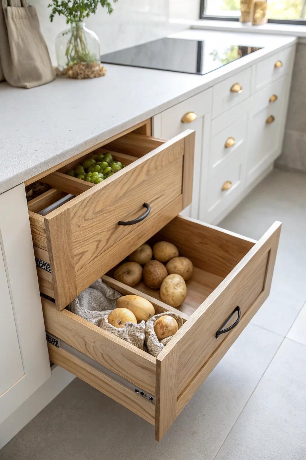 Vented slatted produce drawers keep onions and potatoes fresher—timeless built-in pantry magic.