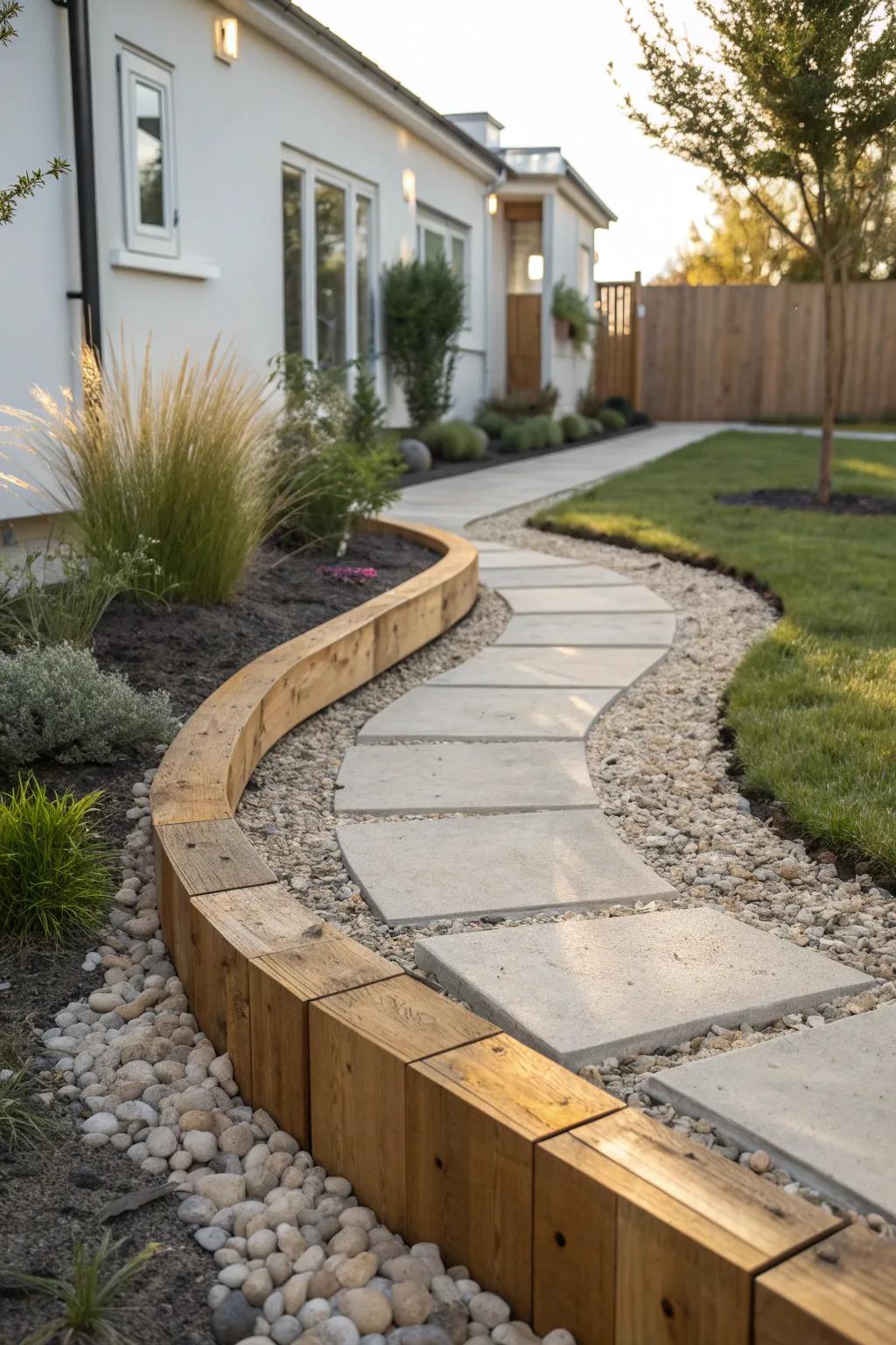 Curved bungalow walkway framed with timber edging—simple, handmade curb appeal with warmth.