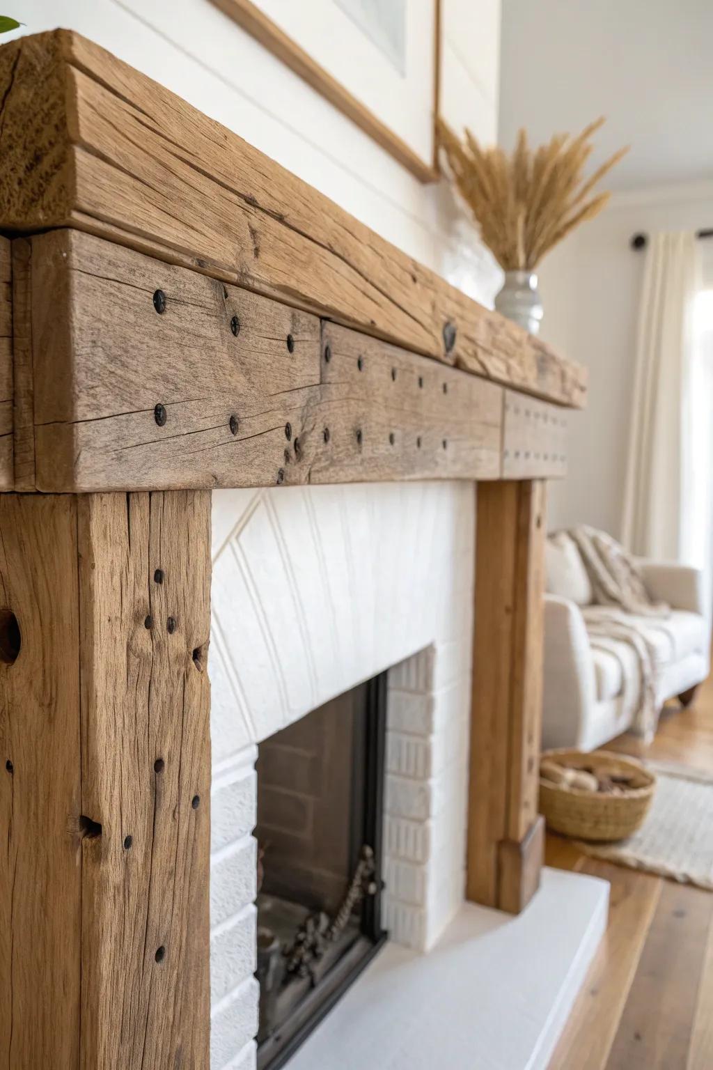 Salvaged wood mantel with proud joinery—nail holes, pegs, and patina for bungalow charm.