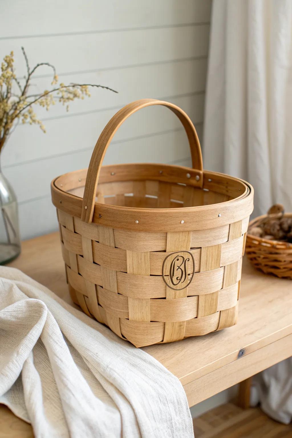 A simple wood-burned monogram adds custom charm to a minimal, boho bushel basket.