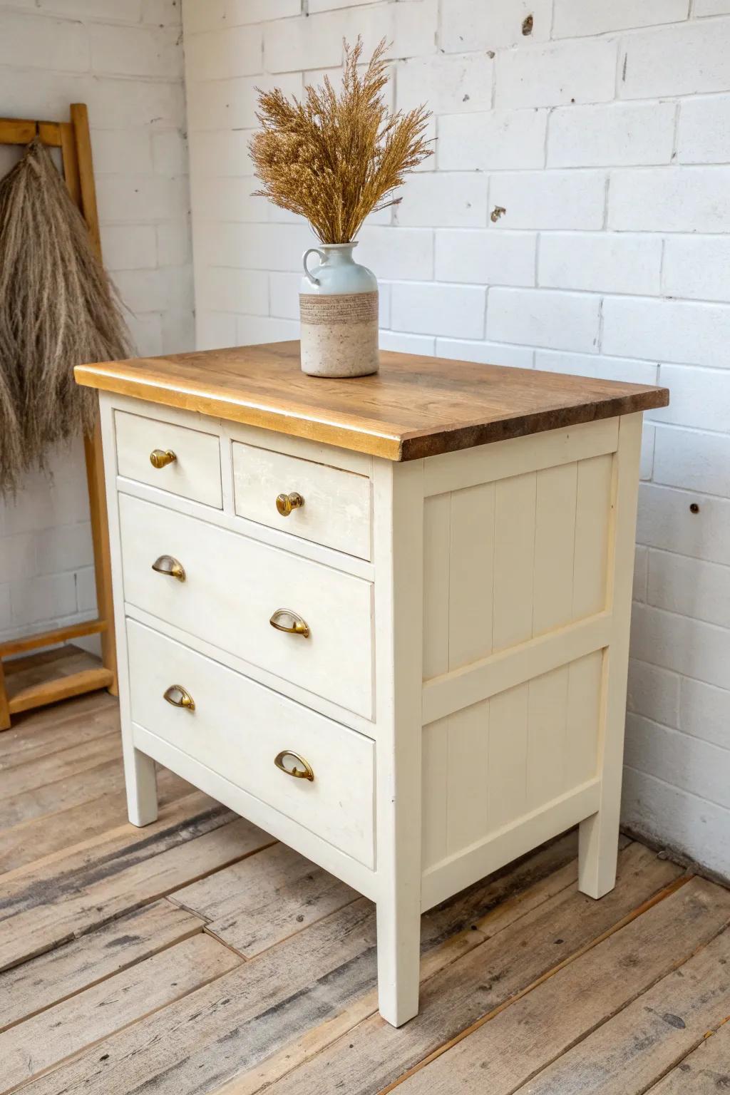 Upcycled dresser base + thick butcher block top—drawers for storage, a beautiful prep surface.