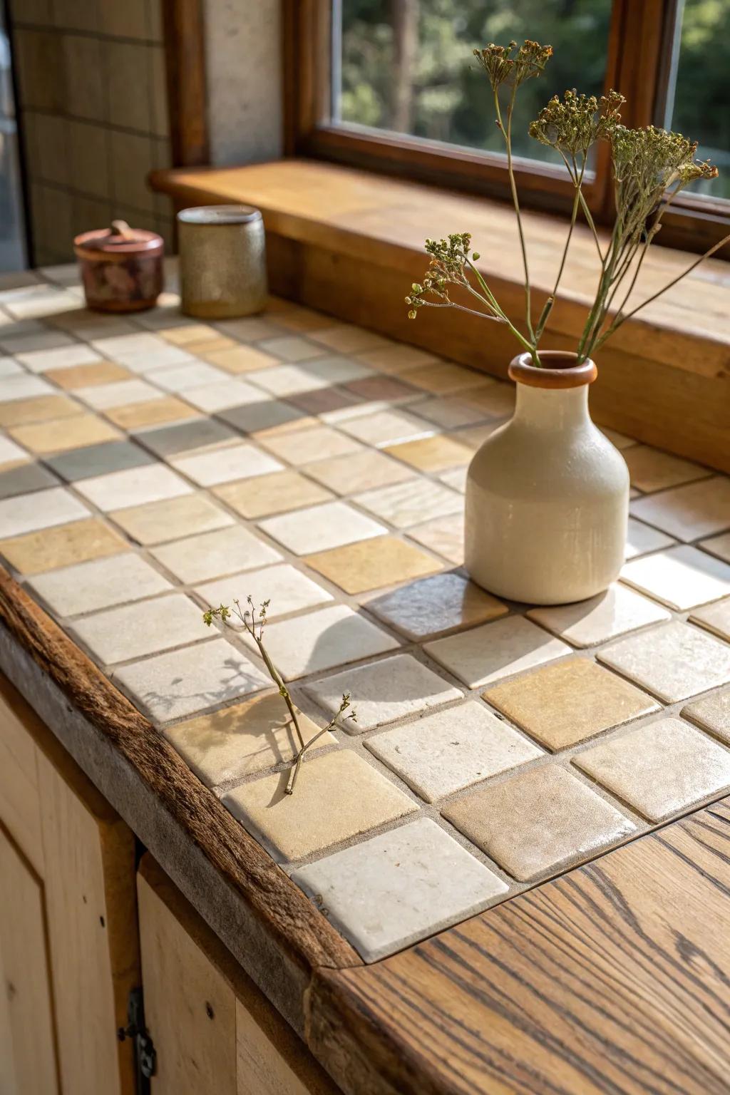 Handmade-look tiles and warm grout bring vintage cabin charm and cozy contrast to wood.