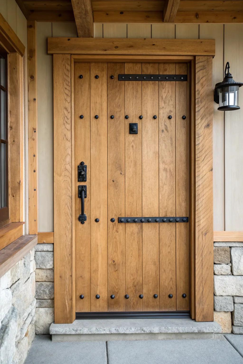 Oversized iron pull + grid clavos studs turn a simple plank door into a cabin statement.