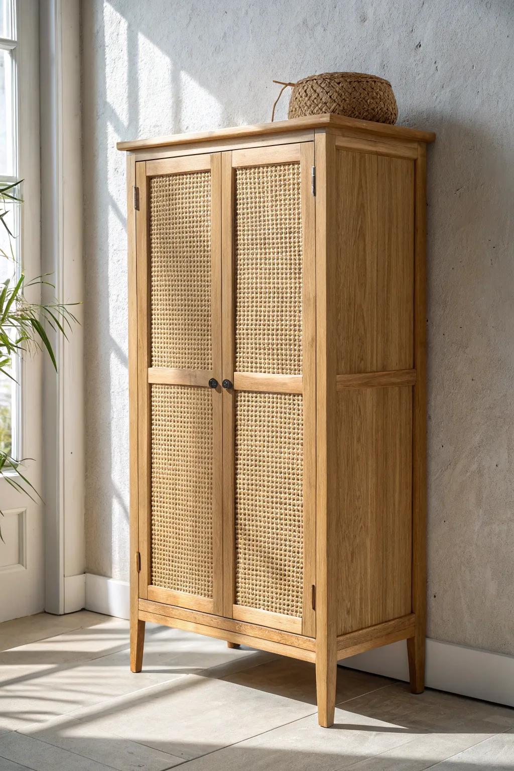 Light oak cabinet door with woven cane insert—airy texture that instantly modernizes a space.
