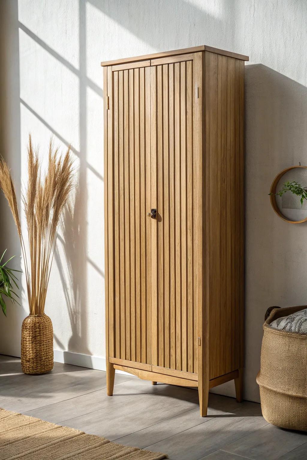 Fluted vertical grooves in light oak—an easy cabinet-front upgrade that feels instantly luxe.