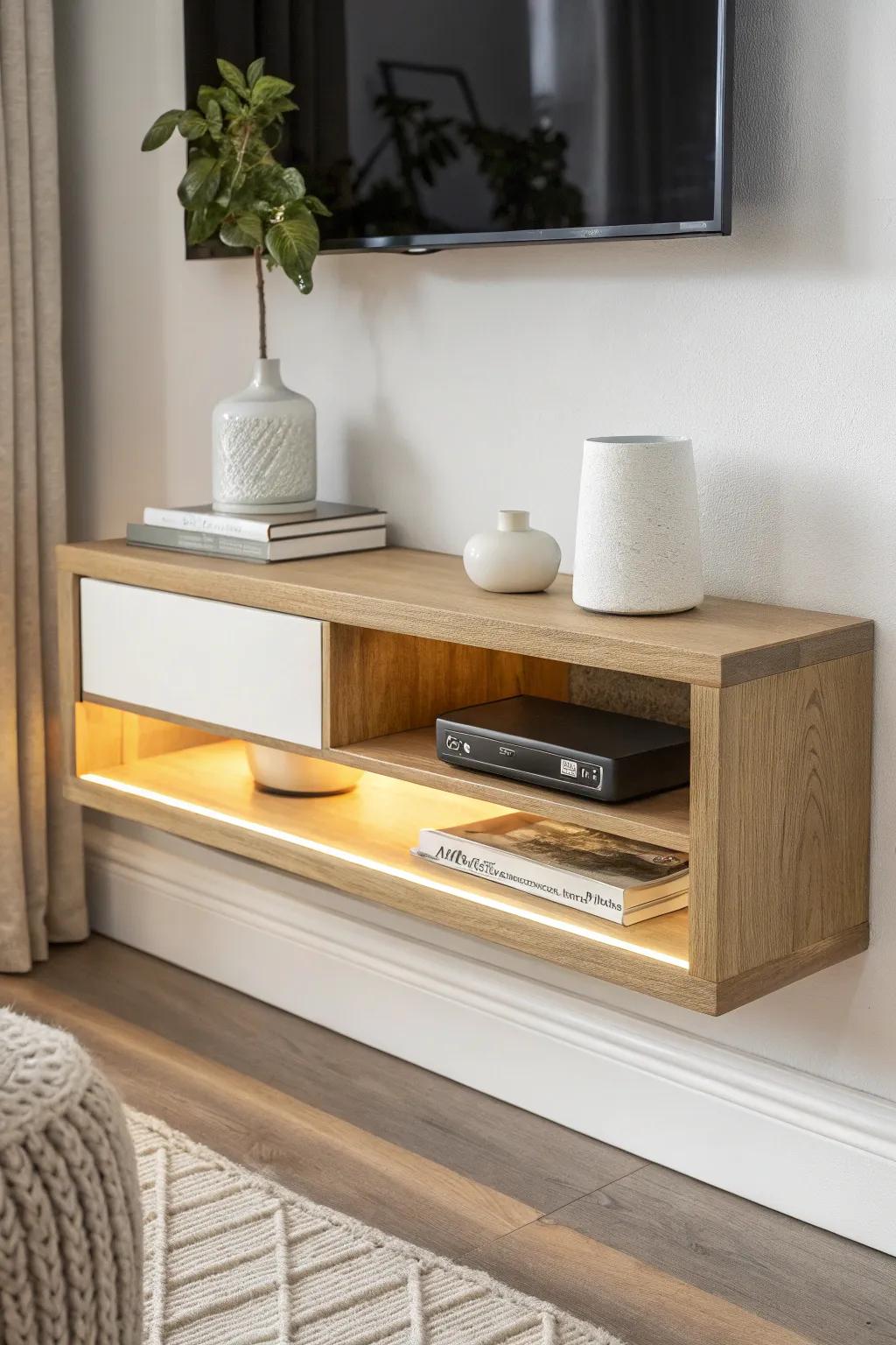 A cozy cable box shelf with a linen drop front—softly hides tech while staying airy.
