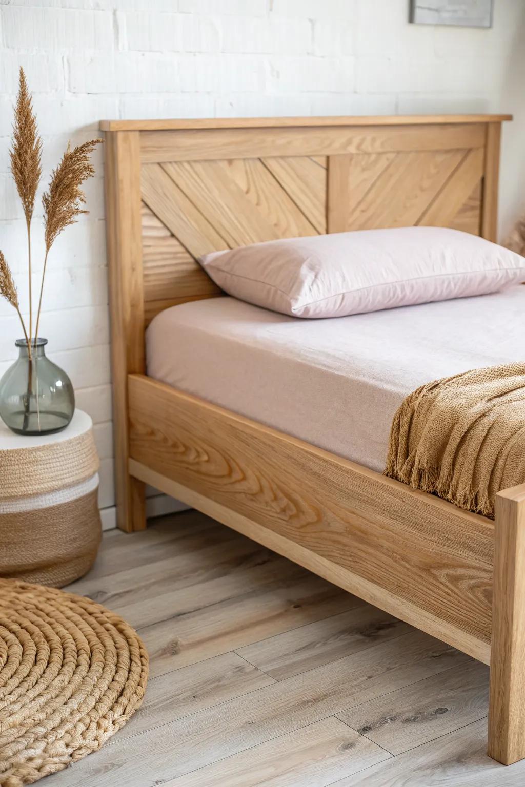 A V-shaped twin-bed corner connector in light oak—smart caddy-corner style with airy floor space.