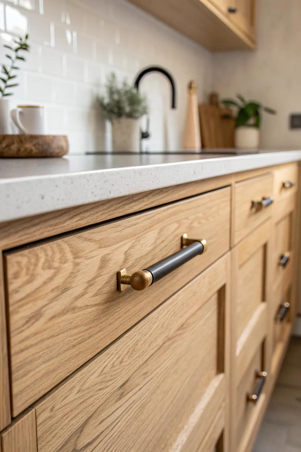 Warm brass meets matte black on oak—mixed metals that feel relaxed, modern, and lived-in.