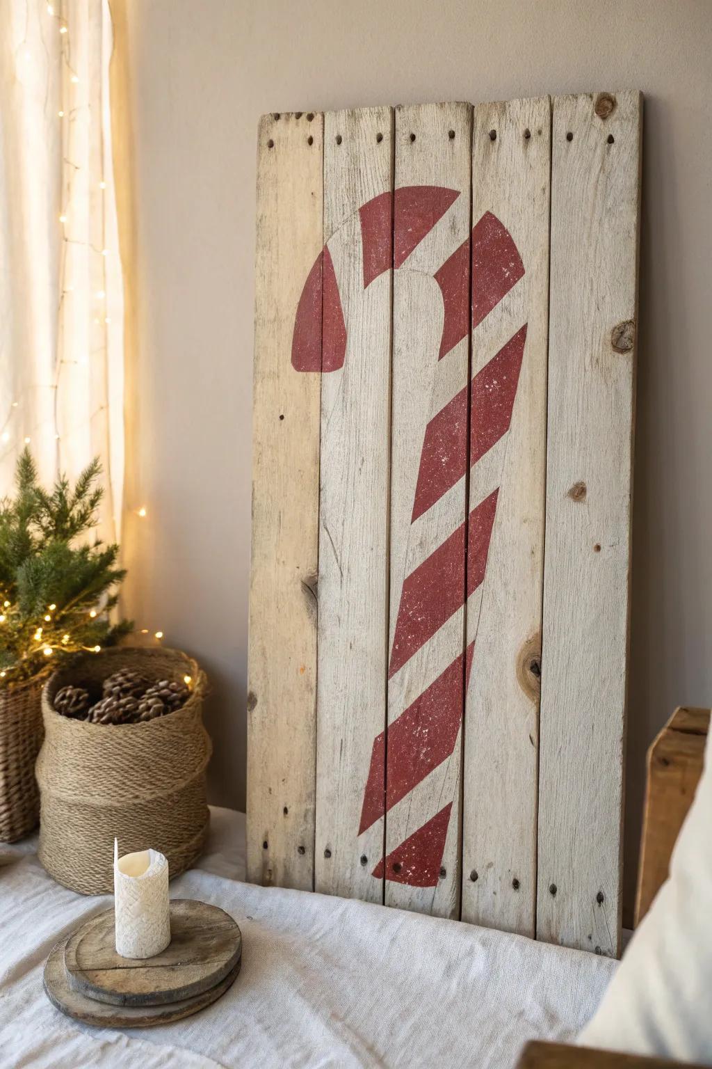 Rustic reclaimed wood panel with bold red-and-white candy cane stripes—simple, cozy, handmade.