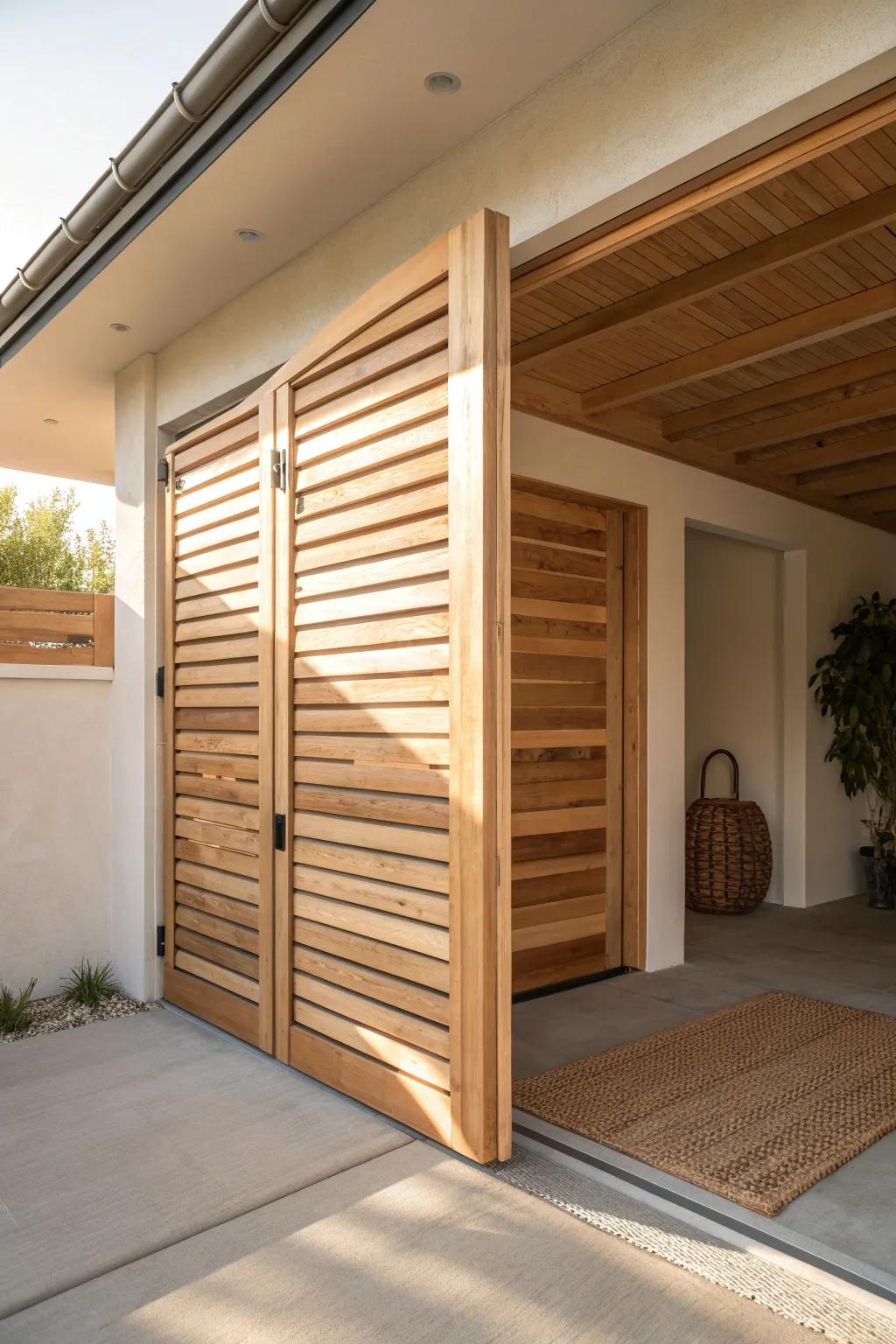Louvered wood carport door: airy shutter style with clean lines and beautiful light-play.