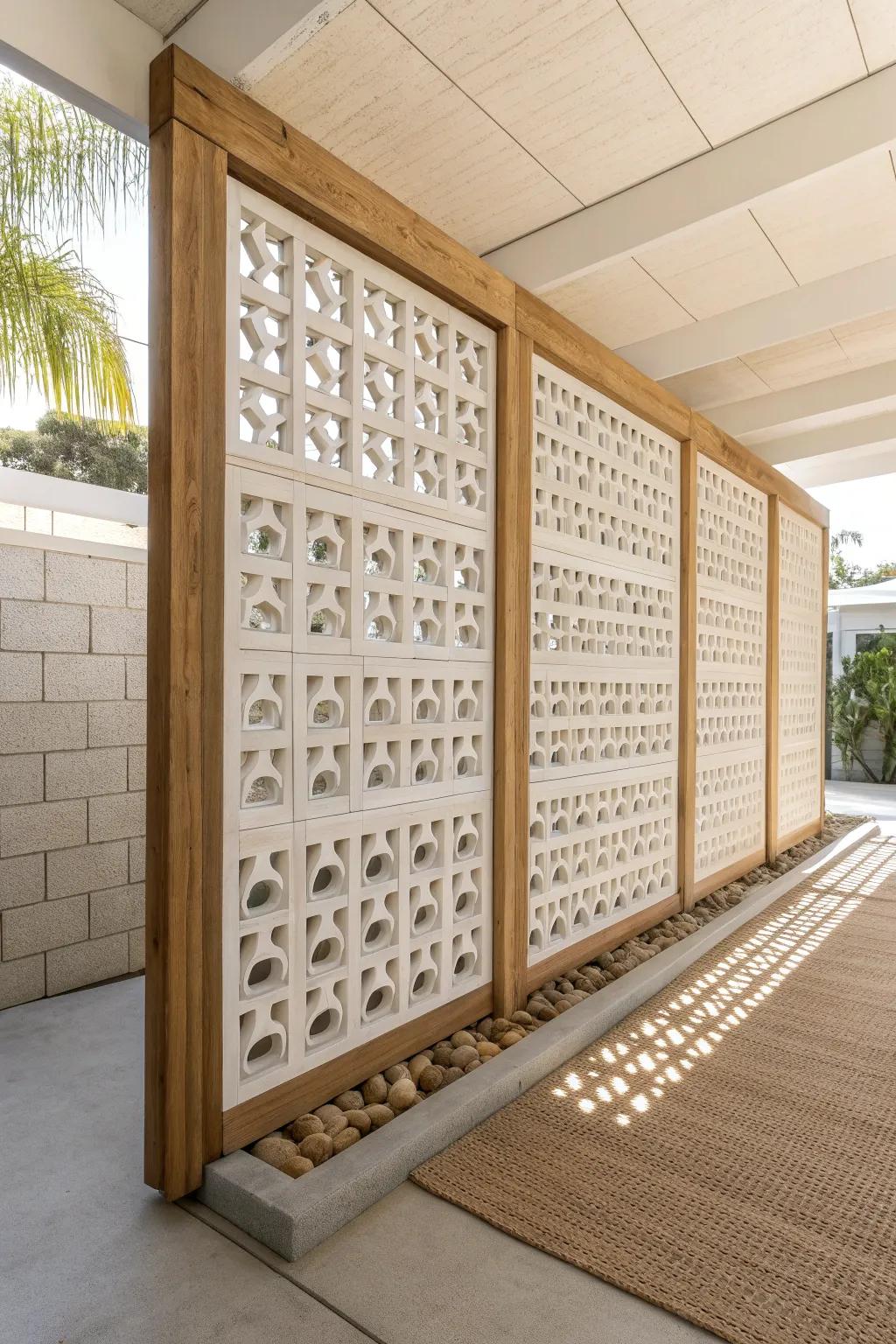 Perforated breeze-block wall in oak—privacy with airy light patterns for a calm carport.