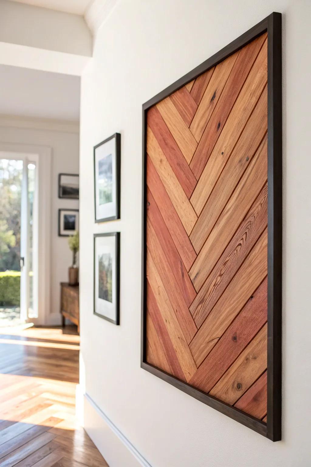 Framed cedar herringbone panel—warm grain and clean lines for a subtle feature wall.