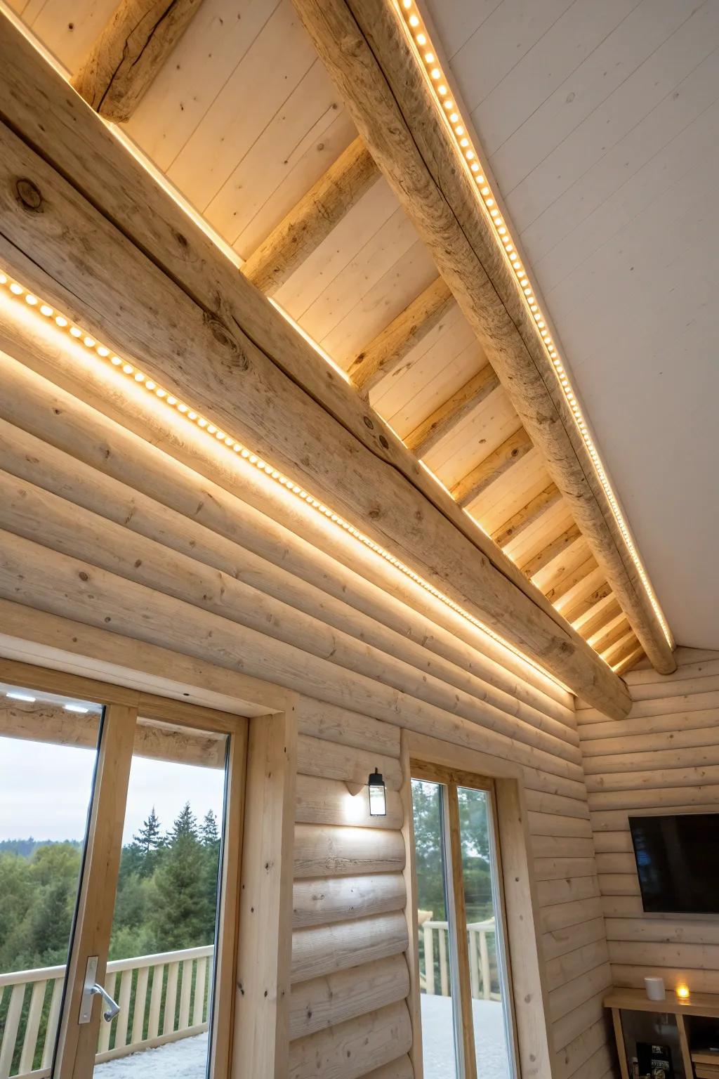 Hidden LED strip beam wash for a soft, cozy glow that highlights log cabin ceiling texture.