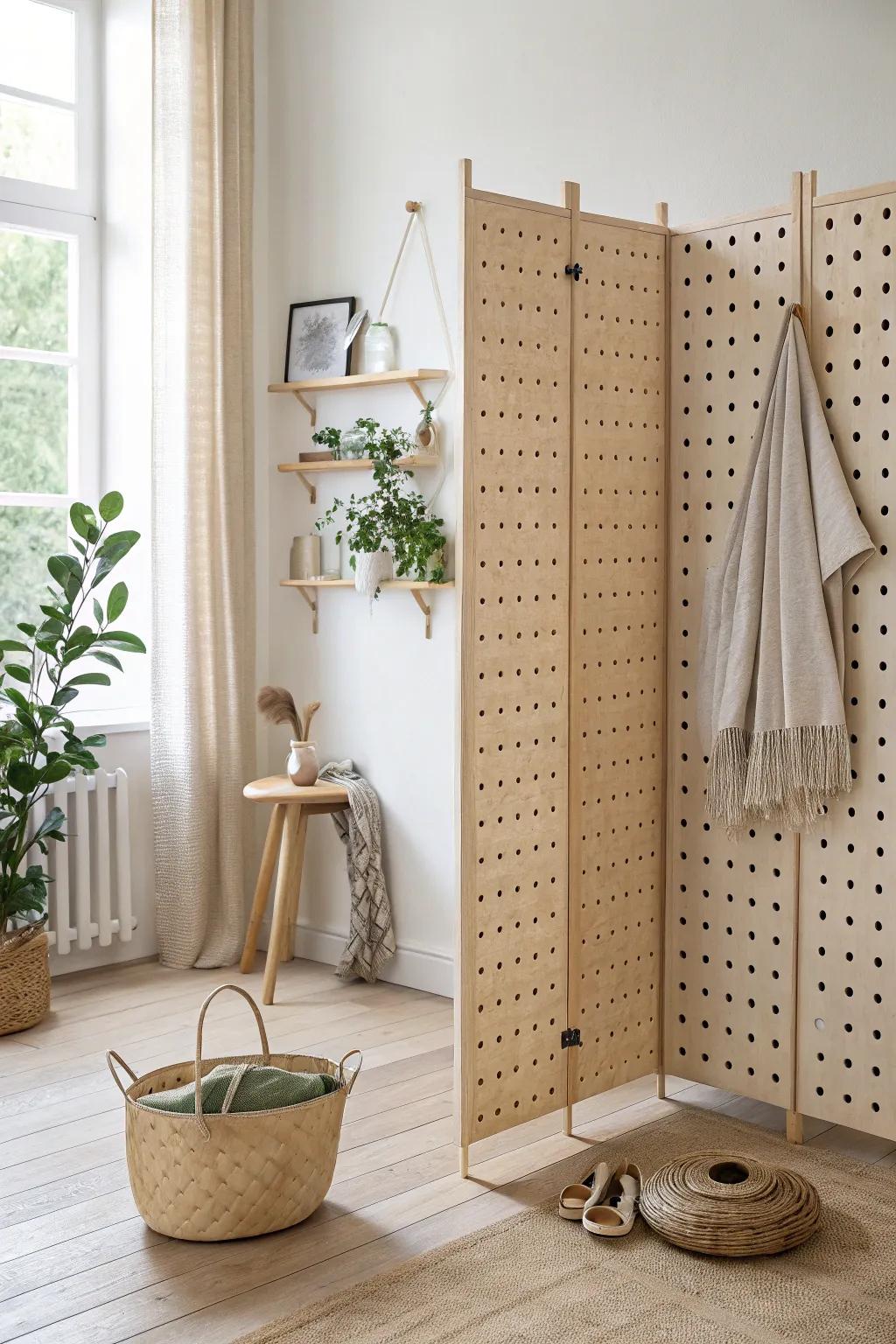A ceiling-hung pegboard divider that separates space while adding beautiful vertical storage.