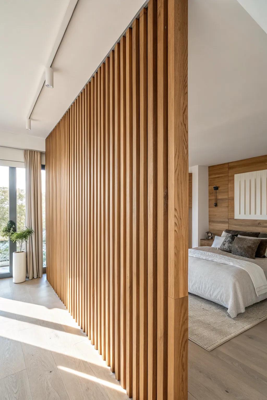 Warm oak slats wrap from wall to ceiling—an elegant transition that guides the eye.