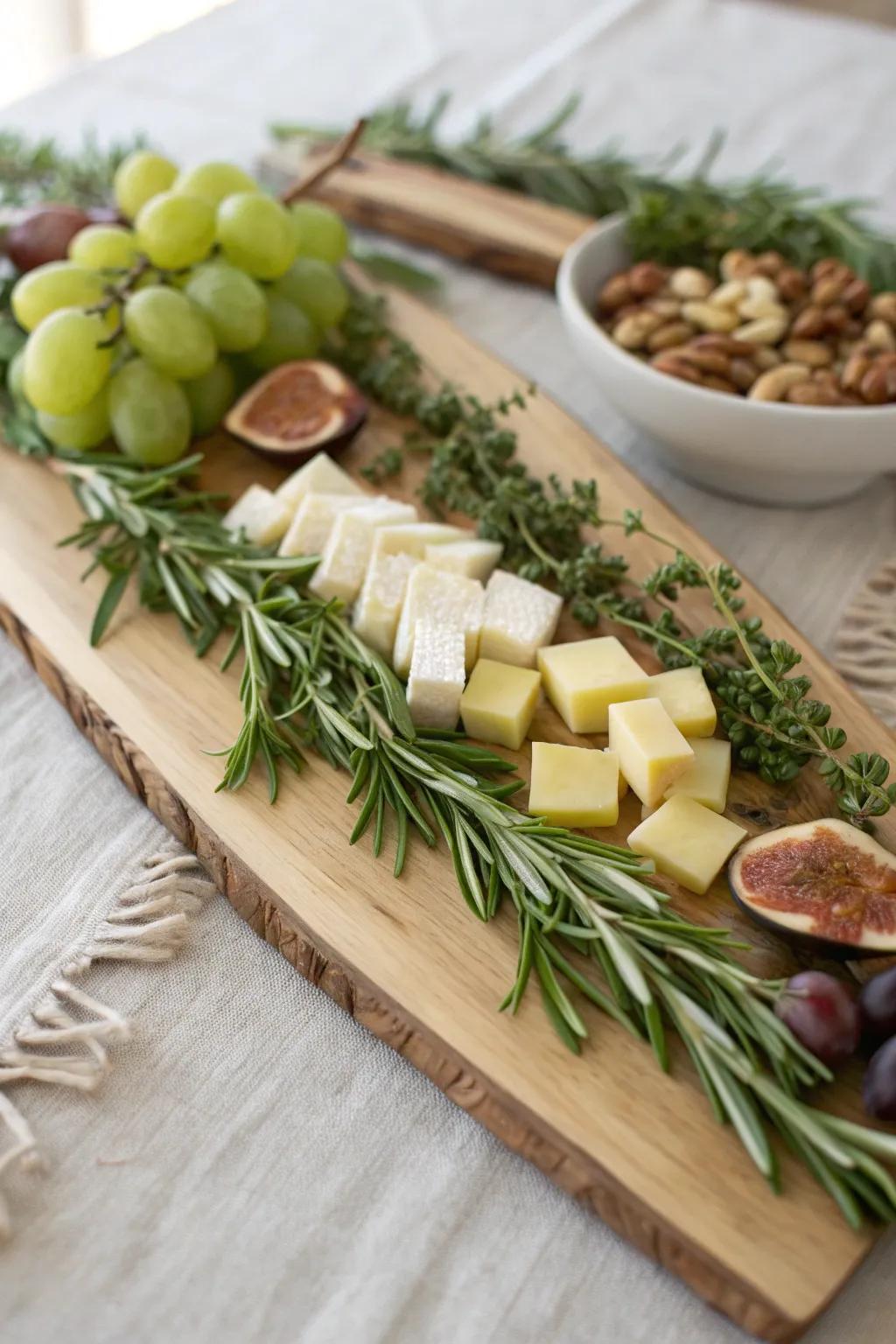 Rosemary + thyme garland divider for a calm, cozy charcuterie table with clean lines