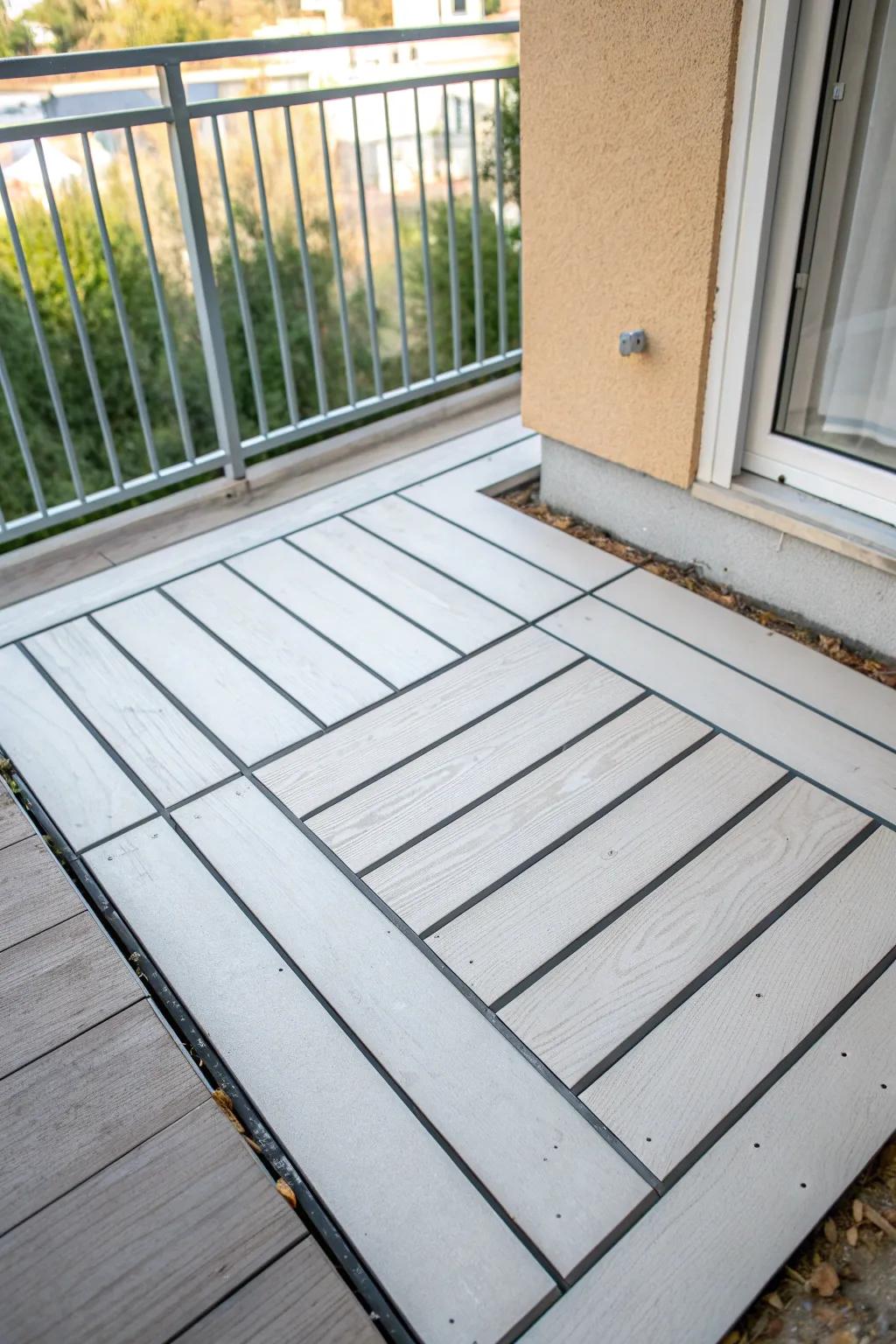 DIY painted plywood deck square: ultra-budget balcony flooring with modern contrast and drainage gaps.