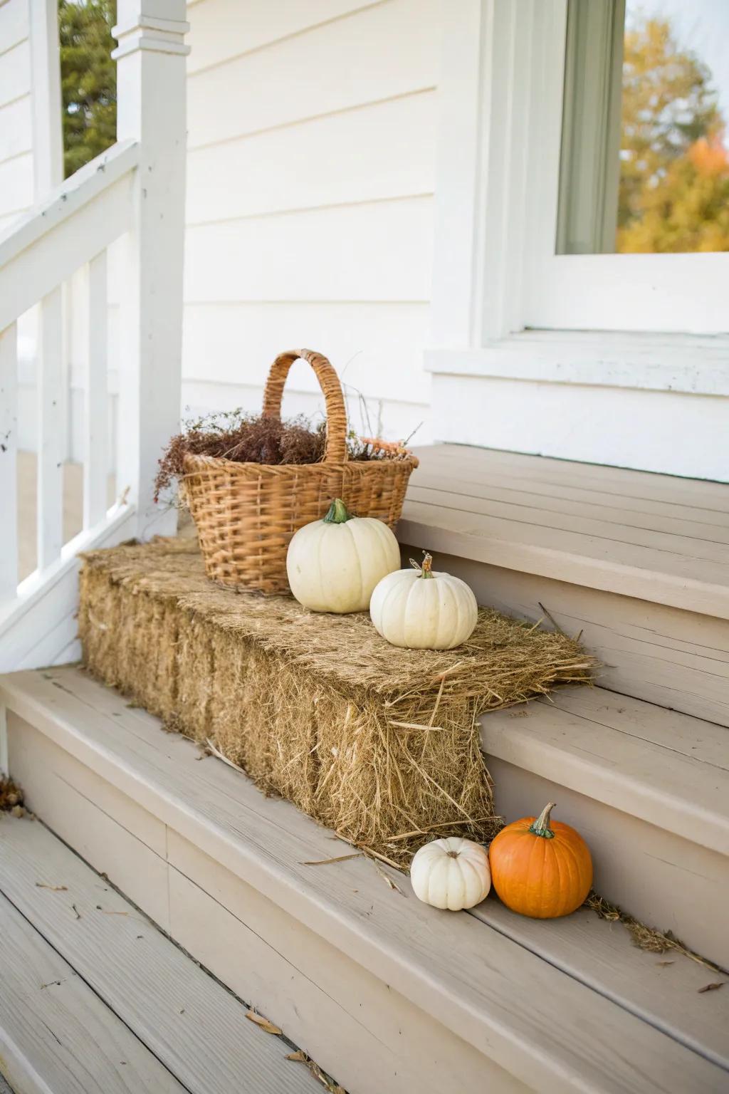 Hay bale step layer: cheap porch fall decor with a woven basket of muted gourds.
