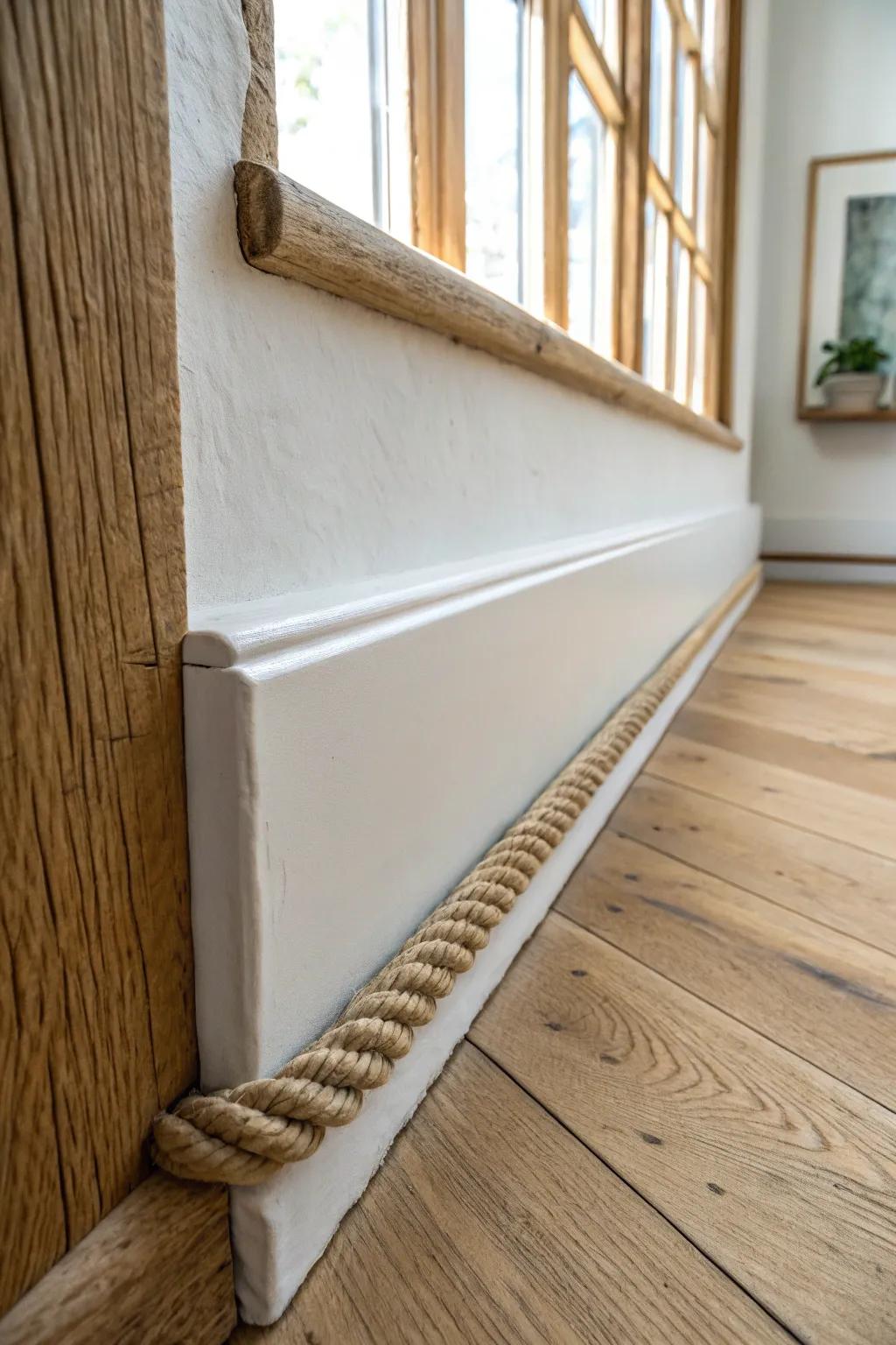 Budget rustic baseboards made luxe: natural rope trim for cozy, handcrafted lodge vibes.