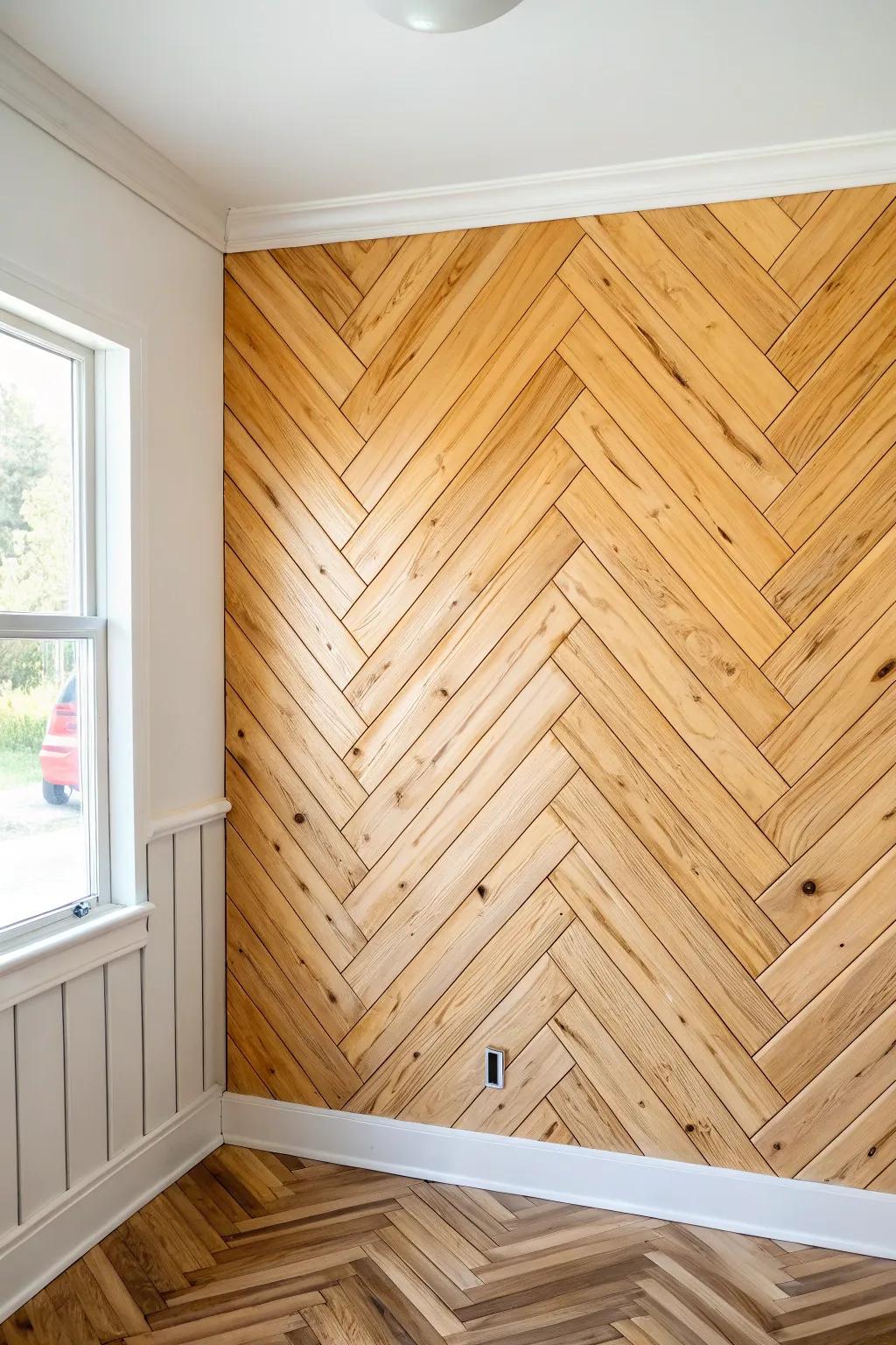 Budget pine strips create a chic herringbone statement wall—minimal, warm, and handmade.