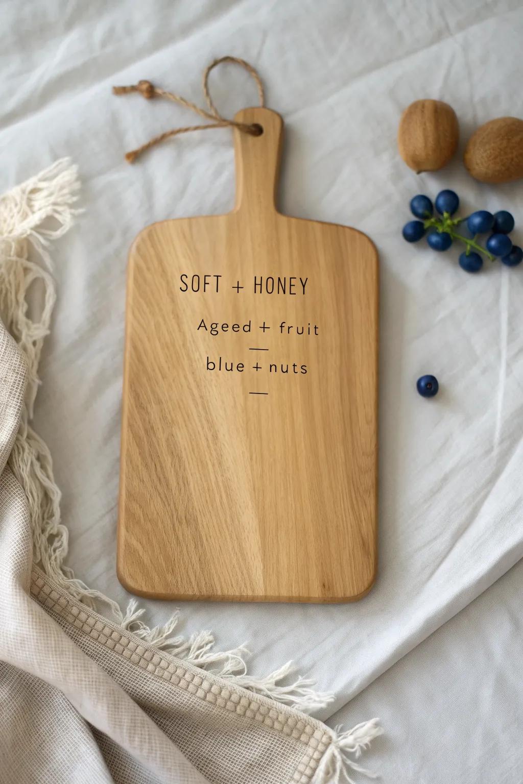 A minimalist cheese board with engraved pairing cues—pretty, practical, and party-ready.